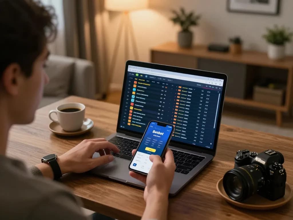 Engaging with betbet app on smartphone while analyzing odds on laptop, cozy online gambling setup.