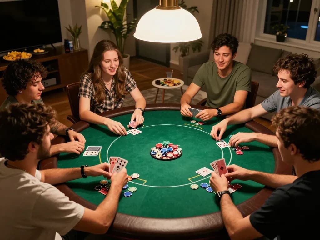 Poker night ambiance featuring tor hidden wiki links, showcasing friends in a competitive yet friendly game.