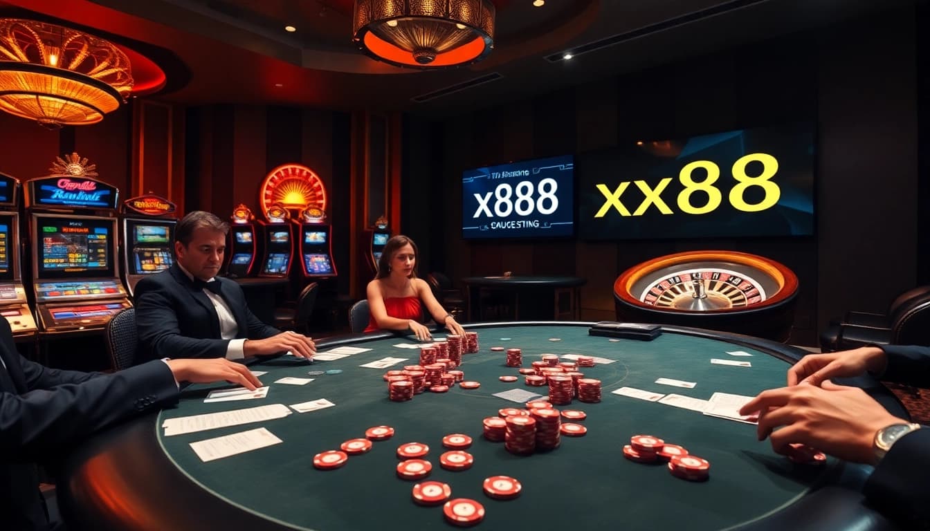 Experience the thrill of high-stakes gaming with xx88 poker players at a luxury casino table.