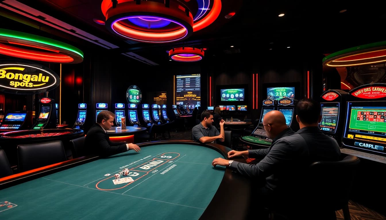 Bongdalu football updates displayed on a vibrant casino scene with poker tables and roulette.