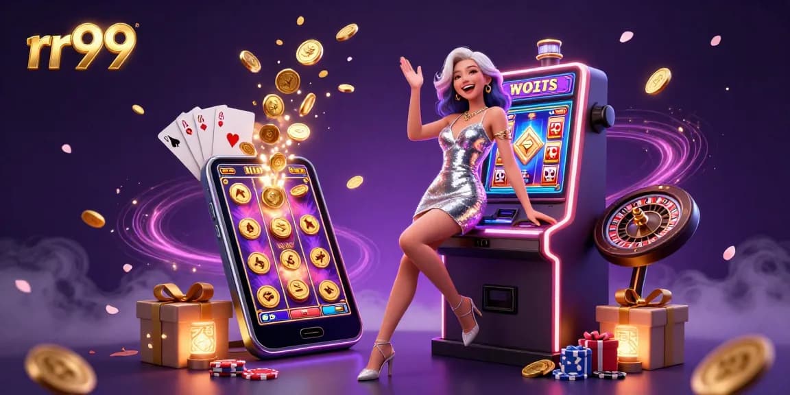 Experience thrilling fun at rr99 with a jackpot celebration, vibrant casino atmosphere, and dynamic elements.