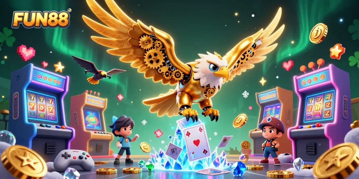 Experience the thrill of FUN88 as the cybernetic eagle dives through holographic casino elements.