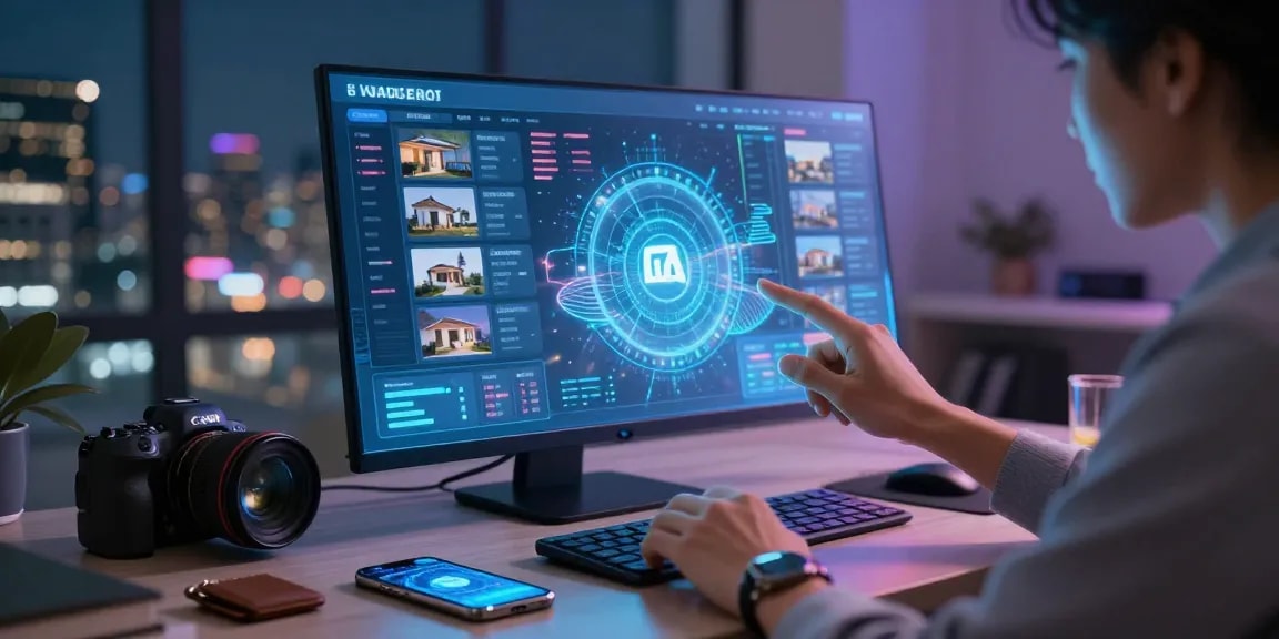 Engaging scene of a digital investor exploring rokok88 slot property options with interactive technology and futuristic atmosphere.