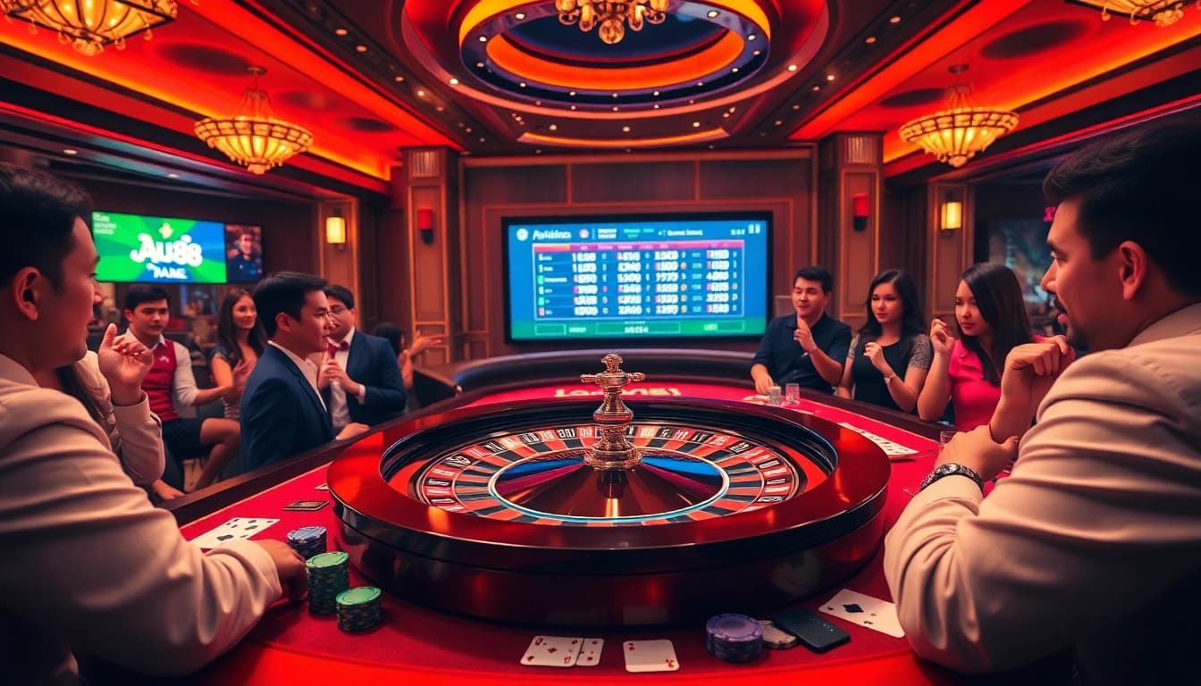 Experience the thrill of betting at AU88, featuring a lively casino scene with roulette and poker elements.