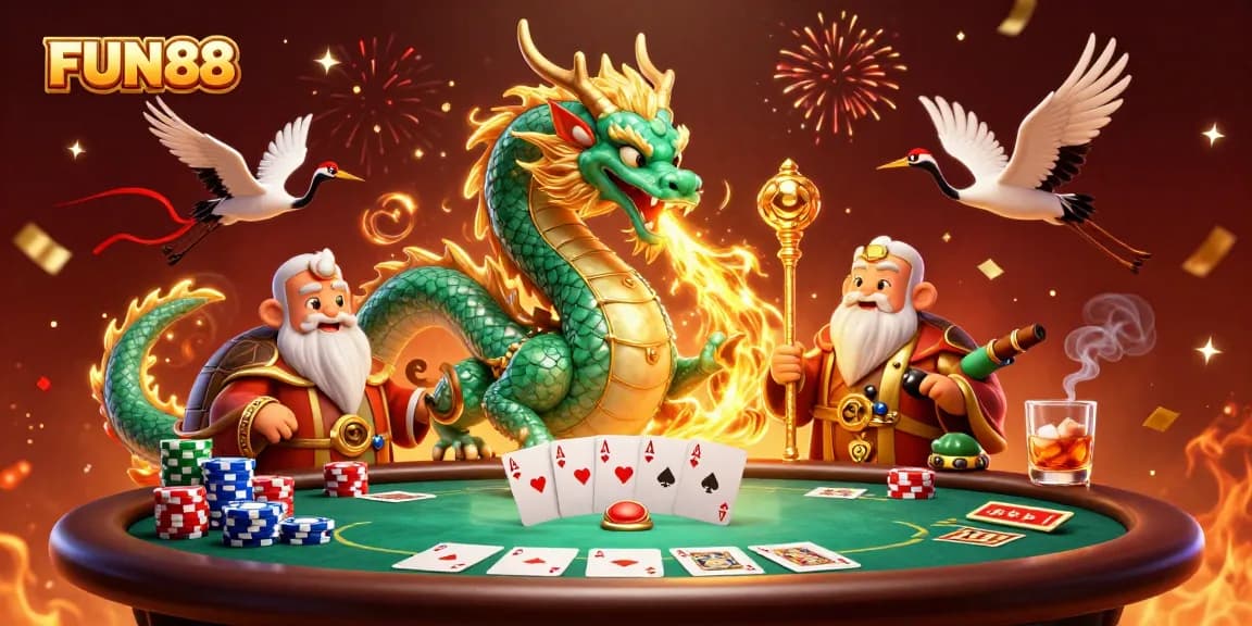 Engage in thrilling FUN88 casino action featuring dragons, turtles, cranes, and poker elements.