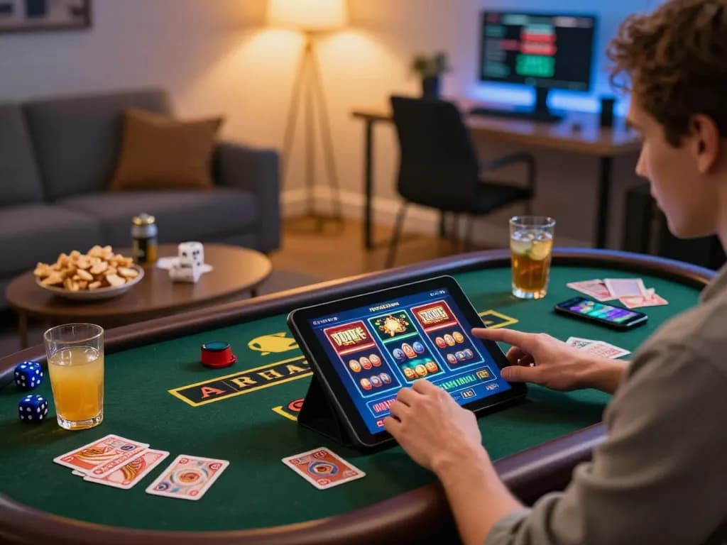 Player engaging in thrilling slot games on 8K8 tablet at home with snacks nearby.