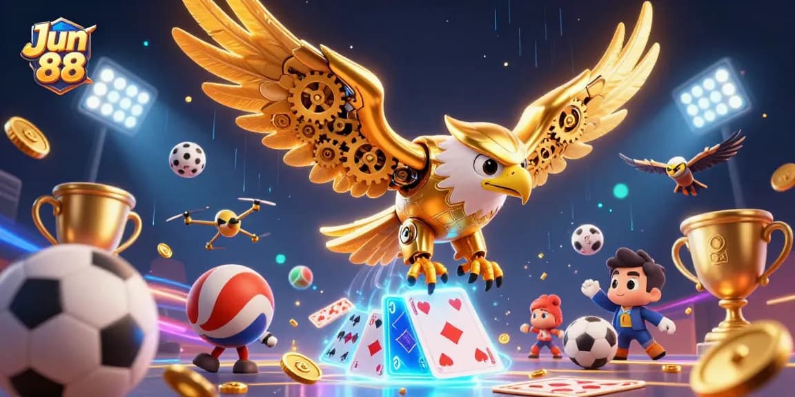 Feel the thrill of Jun 88 with a cybernetic eagle soaring through a vibrant casino backdrop.