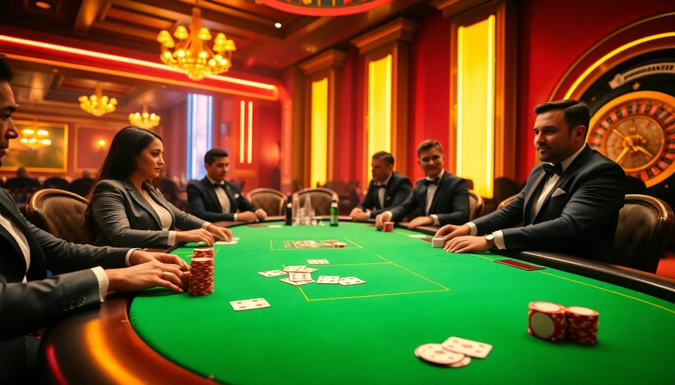 SODO casino scene featuring a glamorous poker table with players, cards, and chips.