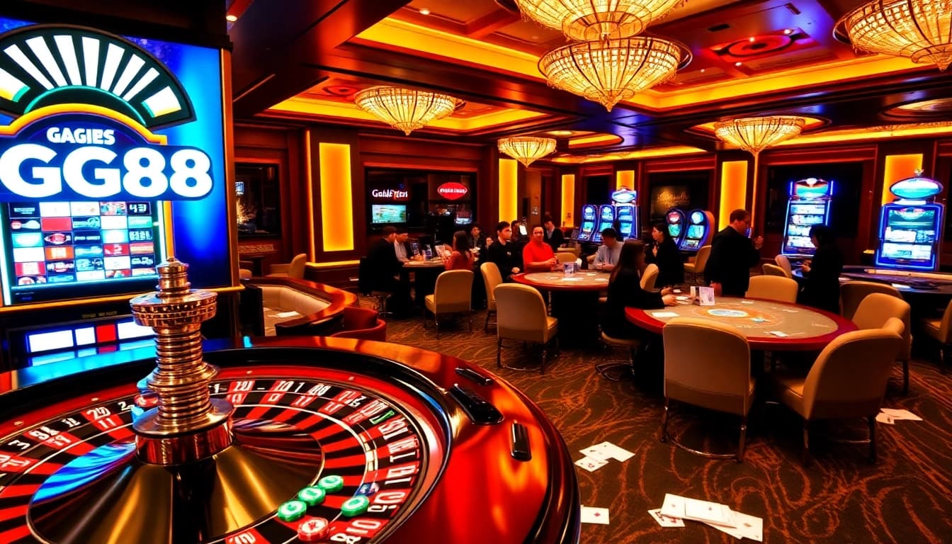 Experience the thrill of GG88 gaming in a luxurious casino setting with vibrant roulette and slot machines.
