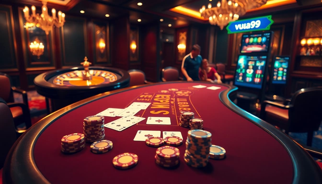 Experience the thrill of winning at Vua99 blackjack table with vibrant chips and cards.
