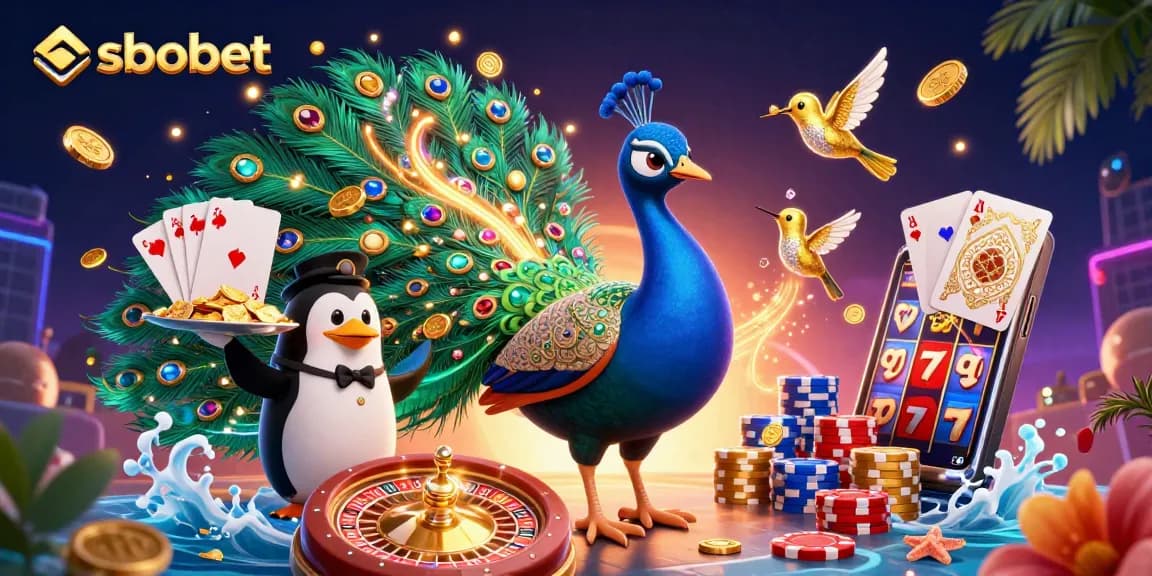 Experience sbobet thrills with a vibrant scene of a peacock, penguin, and hummingbird amidst casino elements.