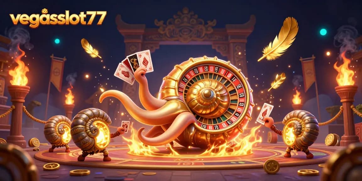 Experience the thrill of vegasslot77 with ancient characters and glowing jackpots in a dynamic casino scene.