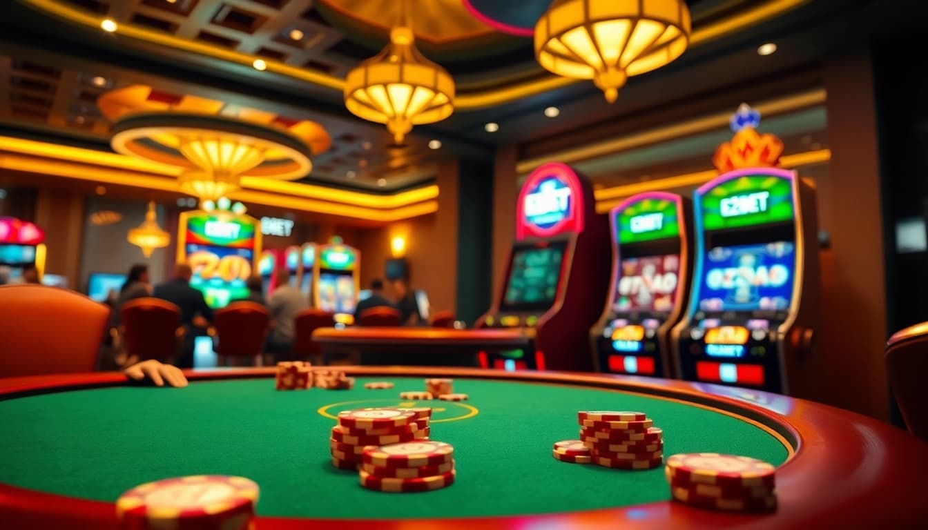 E2BET casino scene with vibrant slots and high-stakes games creating an inviting atmosphere.