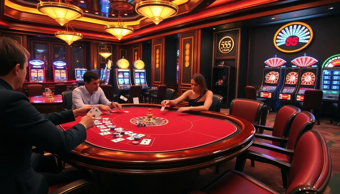 Players experience the thrill of win55 at an elegant casino poker table surrounded by exciting gaming elements.