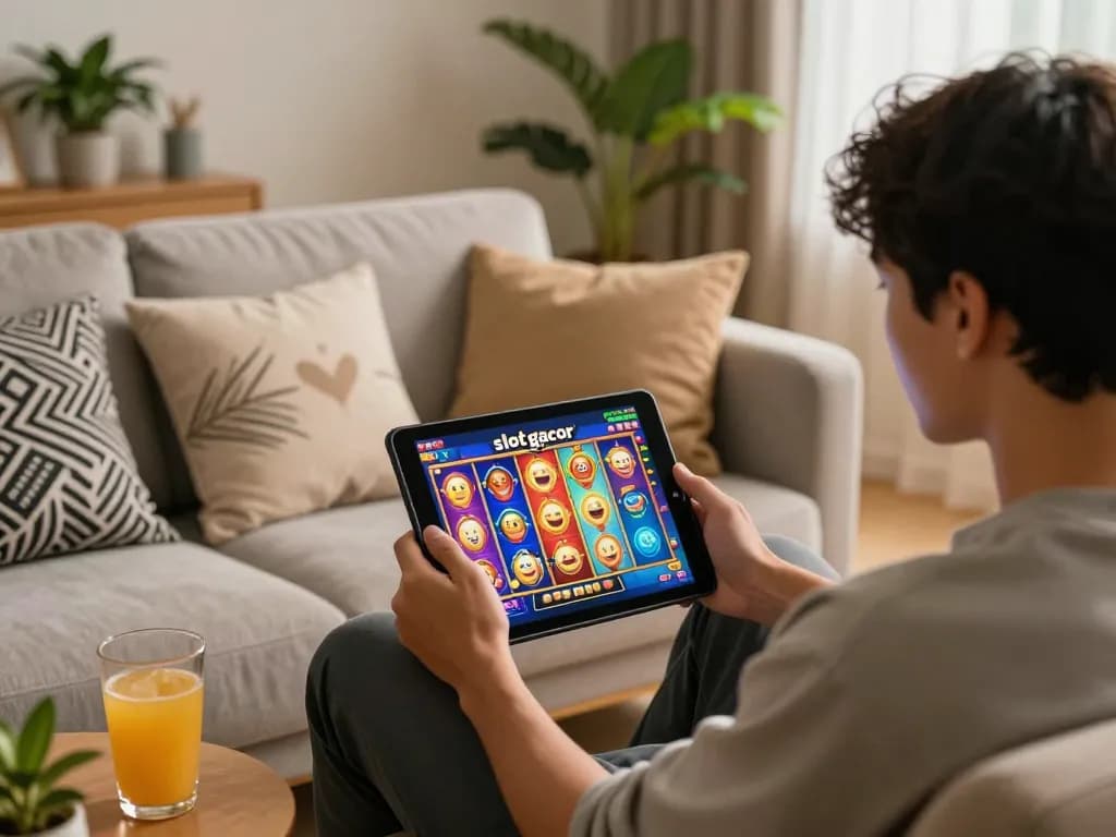 Engaged player enjoying slot gacor gameplay on a tablet in a cozy living room.