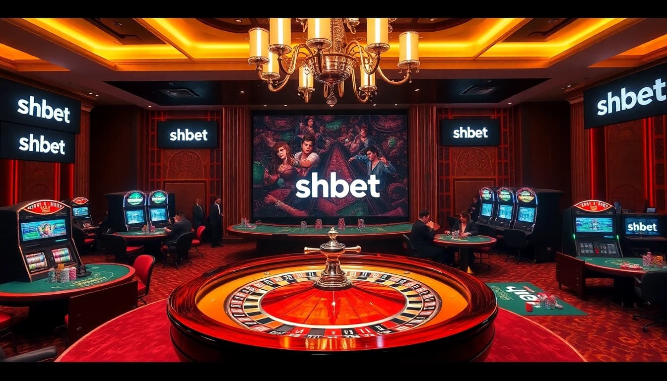 Experience excitement at an online casino with shbet, featuring poker tables, roulette, and vibrant slot machines.