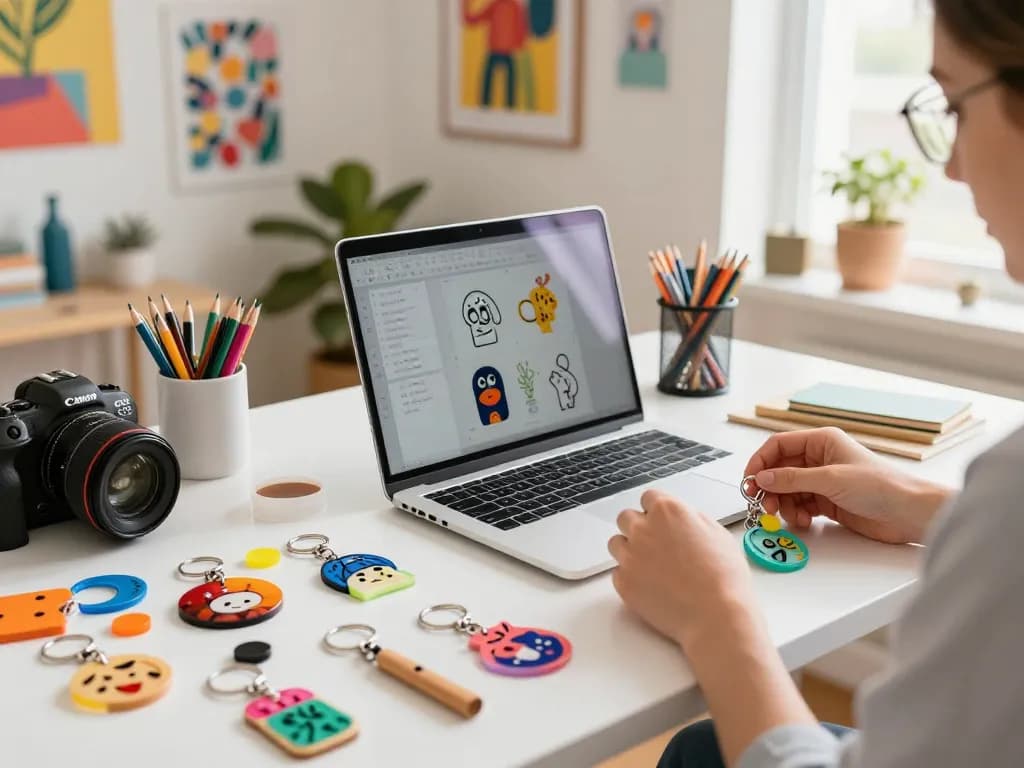Creating customized keychains in a bright home office with unique designs and materials.