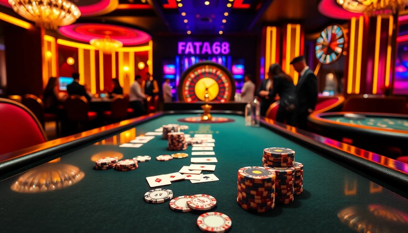 F168 players enjoy an exciting game at a luxury casino table with vibrant chips and cards.