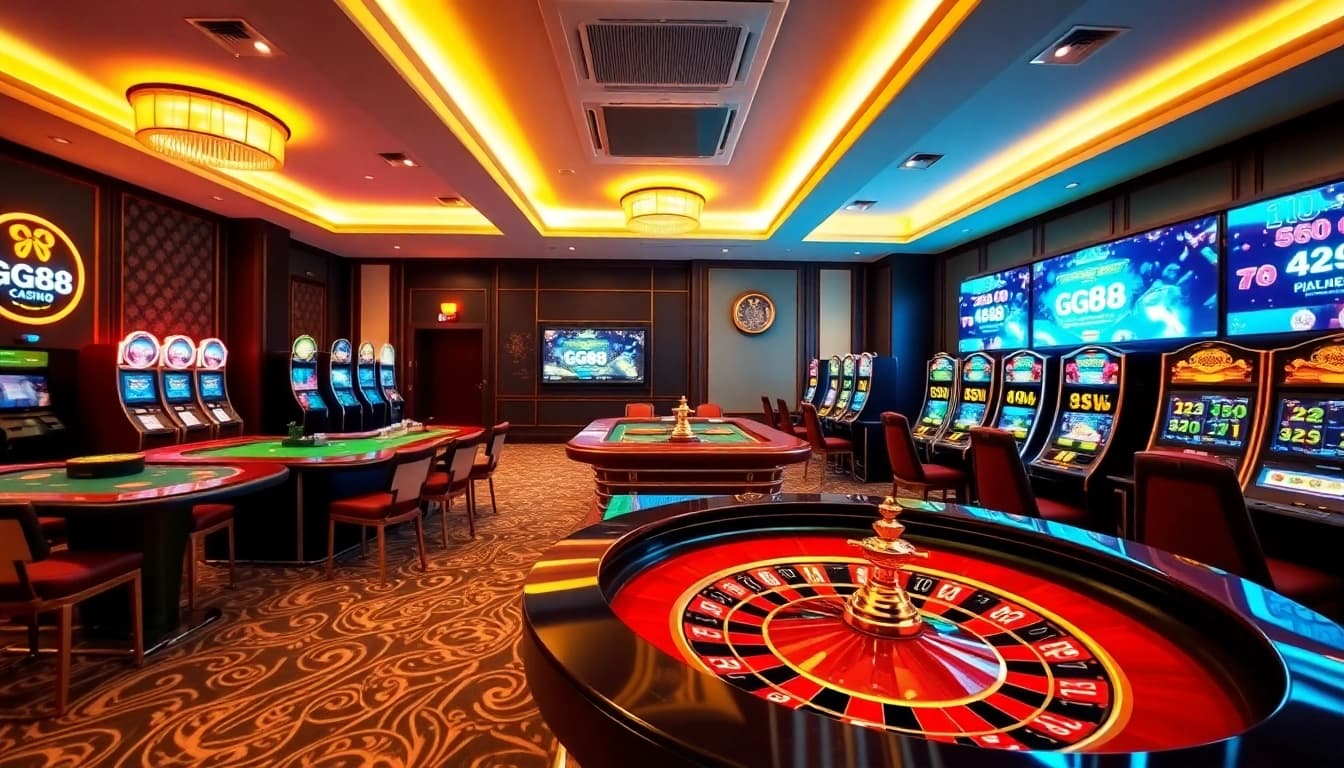 GG88 online casino featuring elegant gaming tables and vibrant slot machines creating an immersive gaming experience.