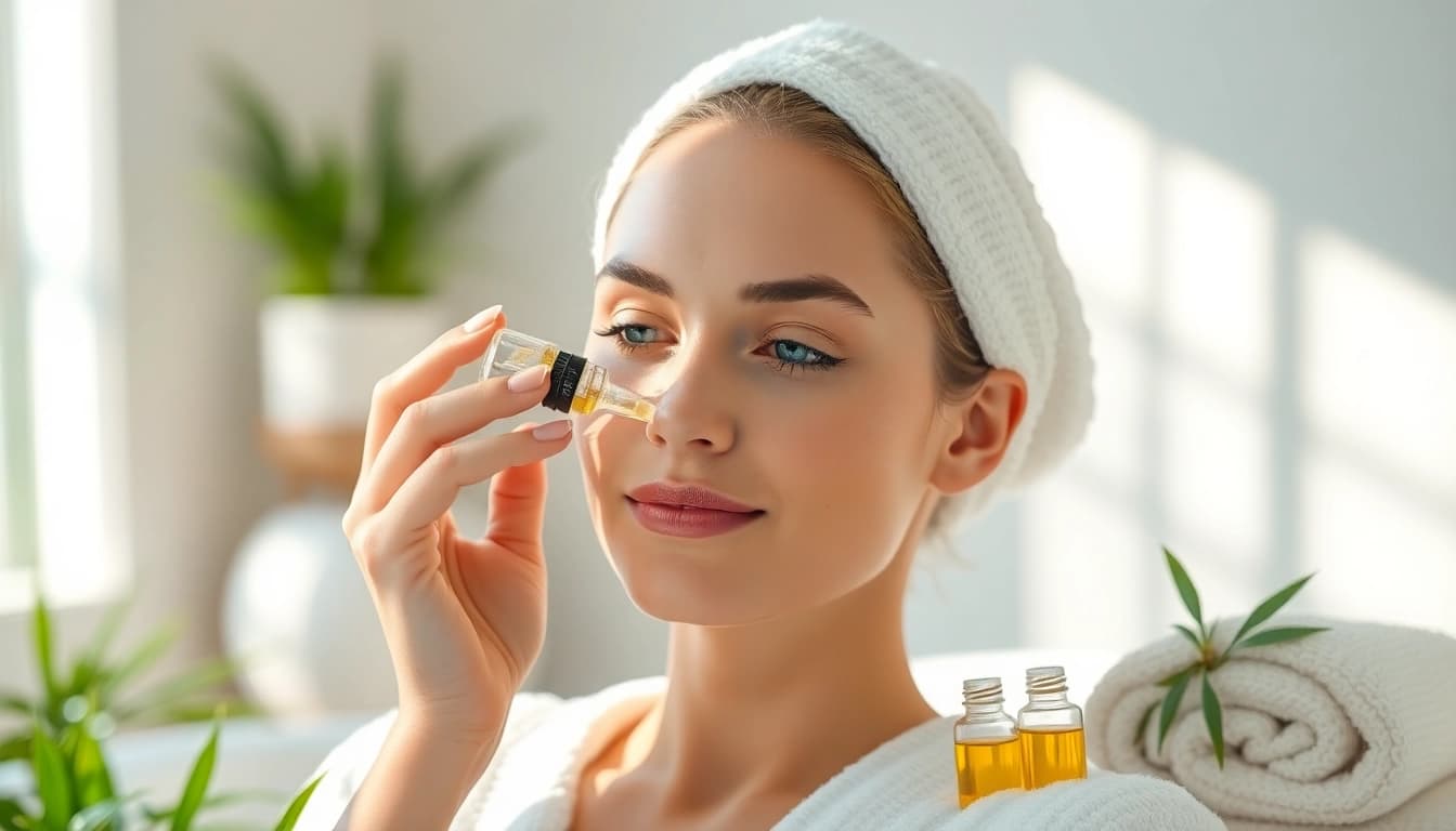 Model applying CBD oil for skin in a serene spa, showcasing skincare benefits.