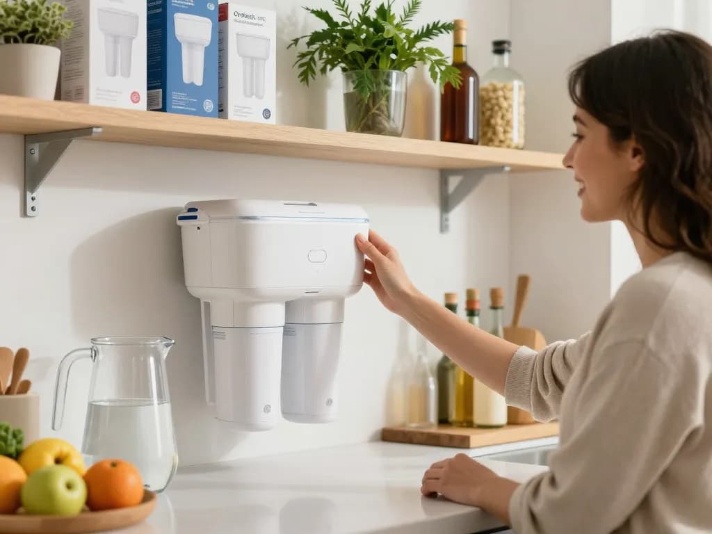 Engaging selection of Overbest OB6013 Replacement for GE® MWF® water filter in a bright kitchen, showcasing healthy living.