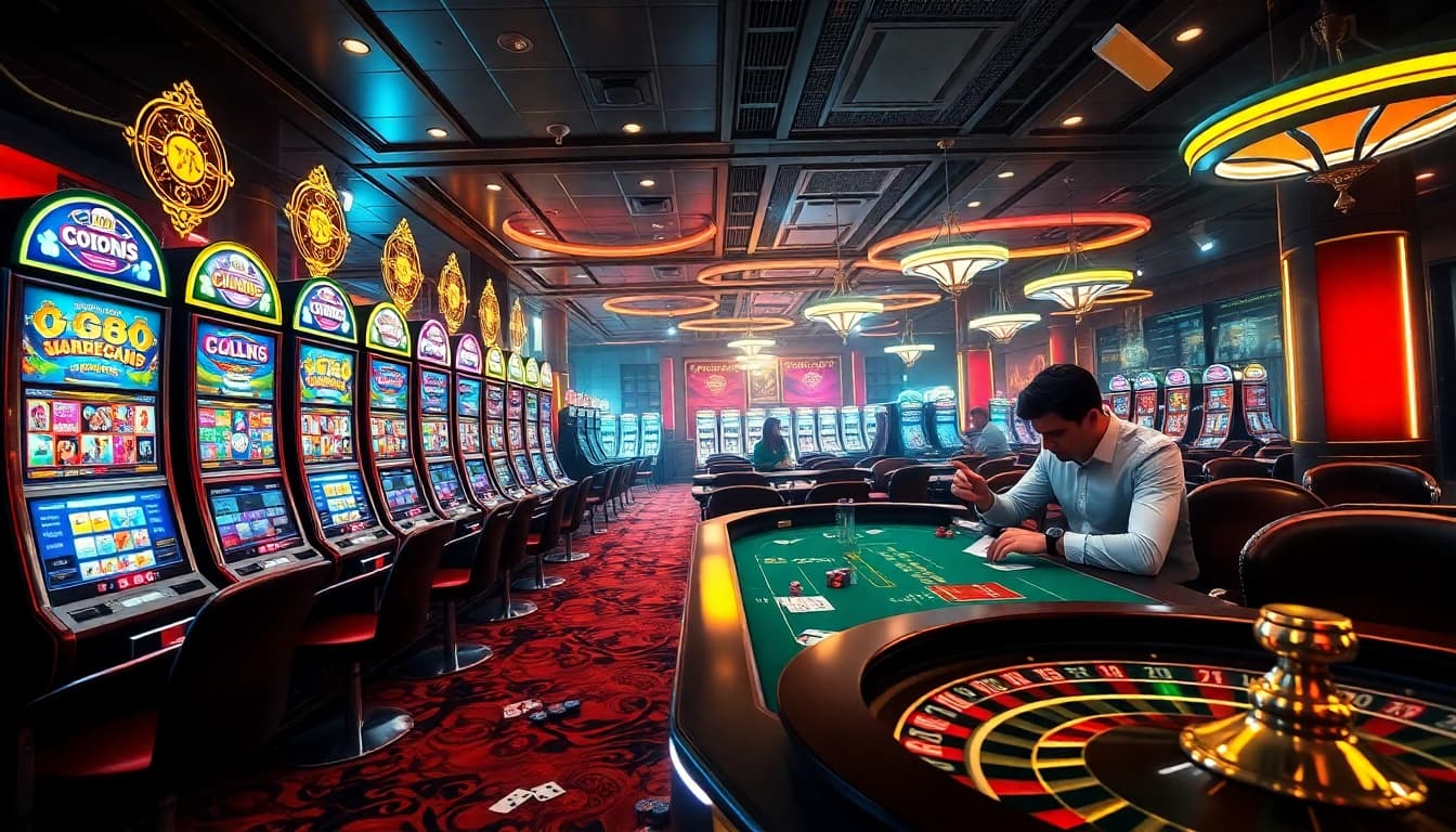 Go88 players enjoying their time at a vibrant casino scene, featuring slot machines and poker tables.