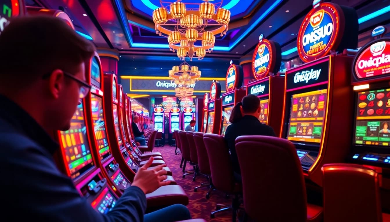 Play slots on Onicplay with vibrant screens and colorful poker chips in a luxurious casino.