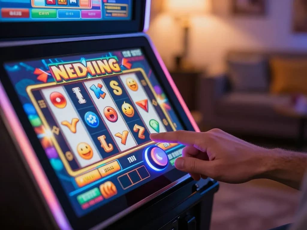 Player engaging with situs slot gacor on a tablet's vibrant slot machine interface, showcasing excitement in a modern setup.
