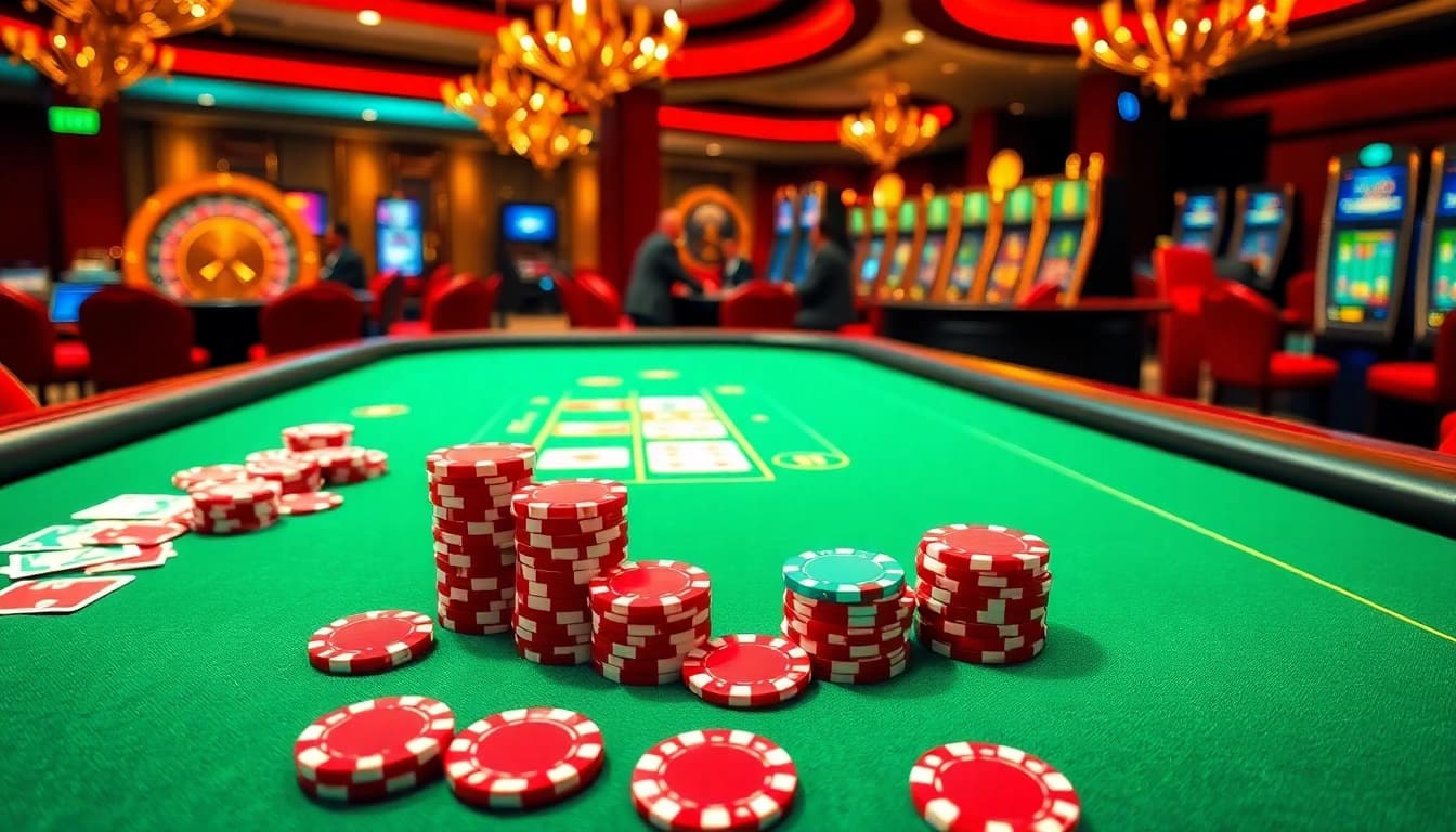 Experience the thrill of poker at 99win with vibrant chips and elegant casino decor.
