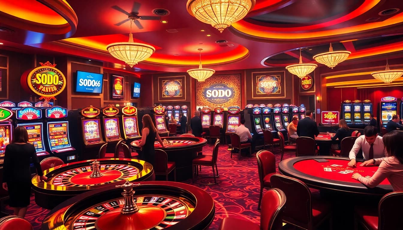 SODO66 casino gaming floor bustling with excitement featuring roulette and slot machines