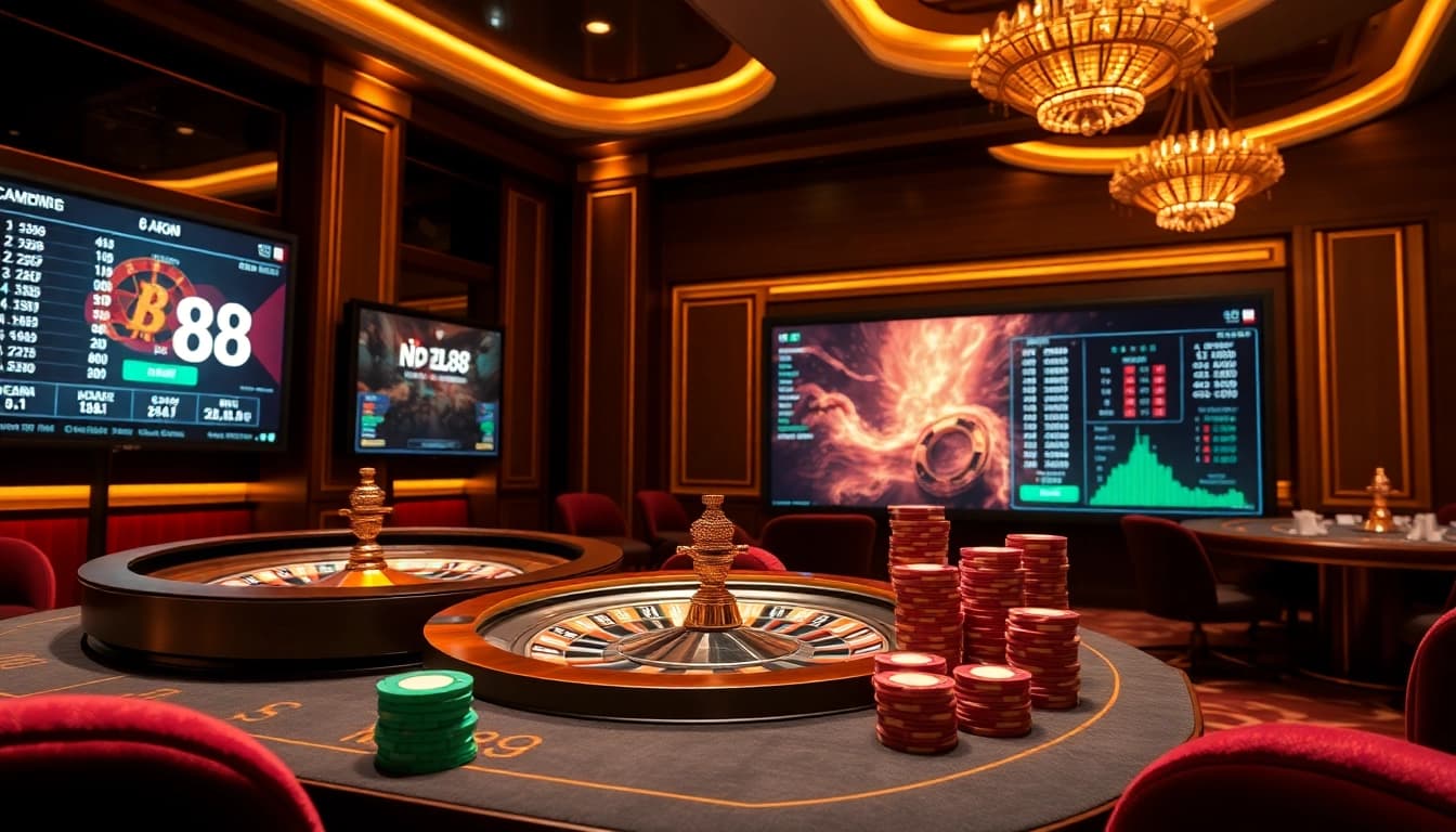 Nạp tiền Da88 at an elegant casino showcasing betting statistics on digital screens.