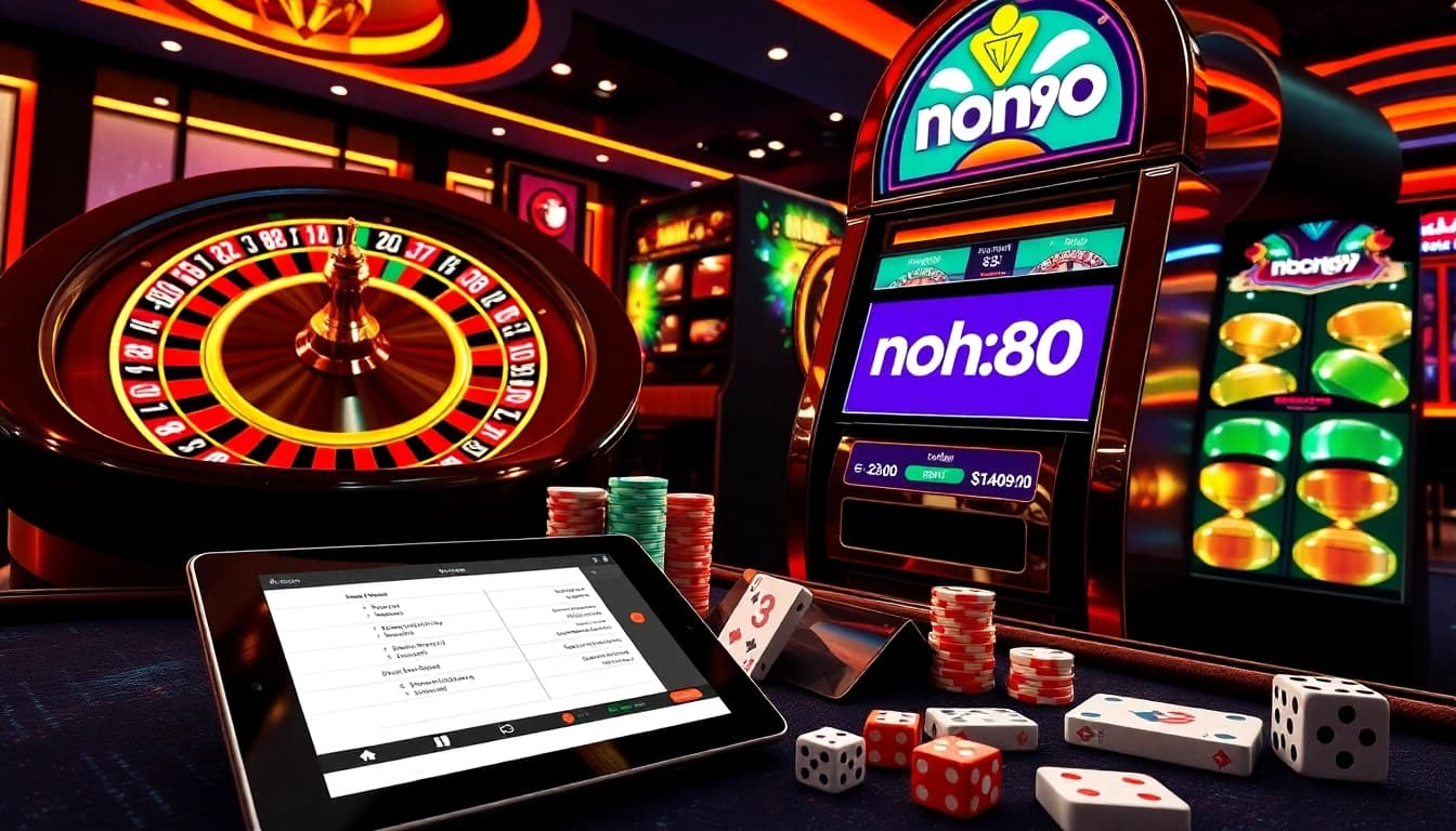 Nohu90 online gambling interface with roulette wheel and vibrant casino elements.