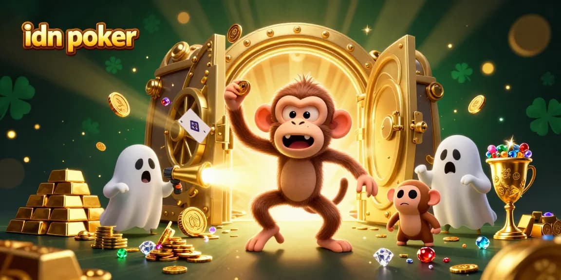 Experience the excitement of idn poker as a mischievous monkey juggles golden treasures in a lively haunted casino scene.