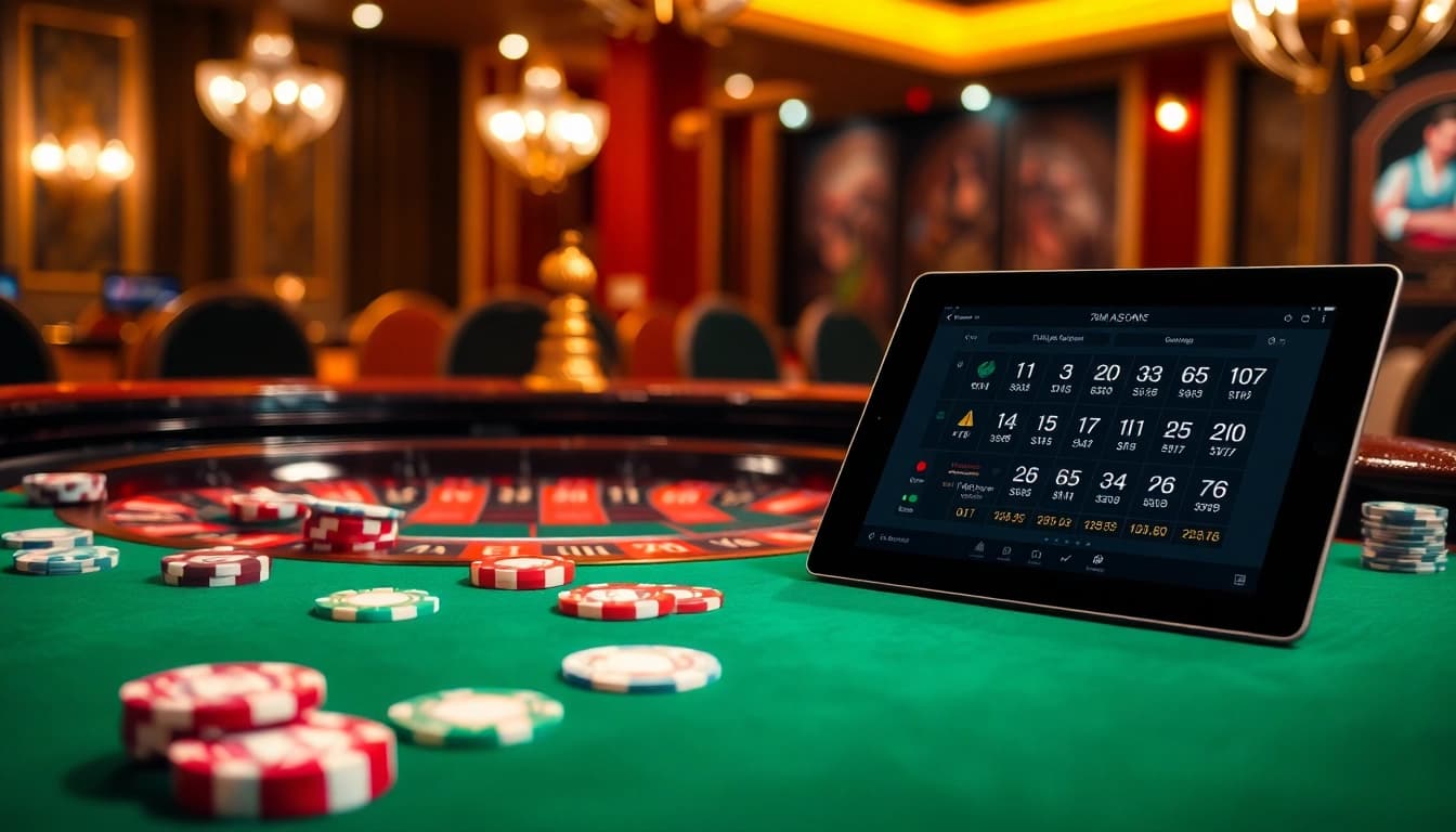 Experience the thrill of gambling at 7mcn with a luxurious roulette table and poker chips.