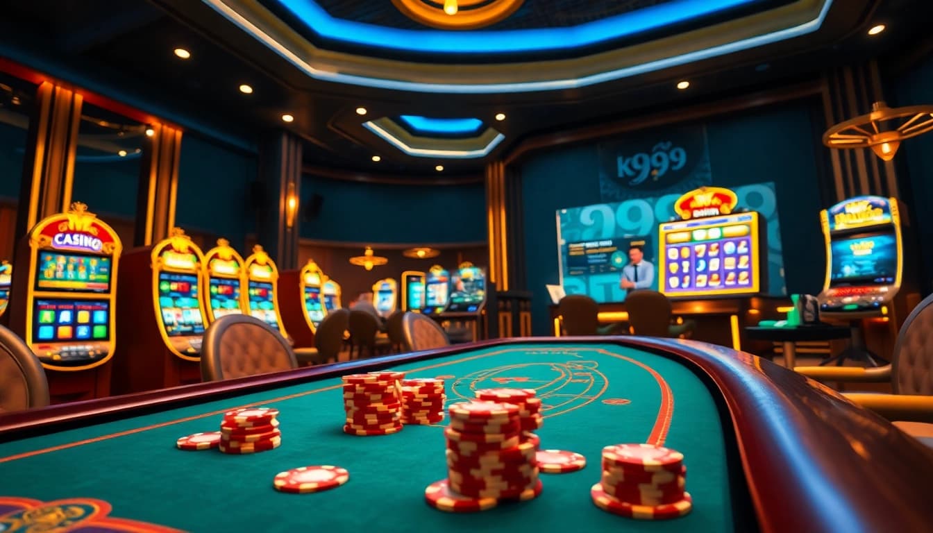 Players engaging with k9k9 casino gaming interface featuring luxurious tables and vibrant slot machines.