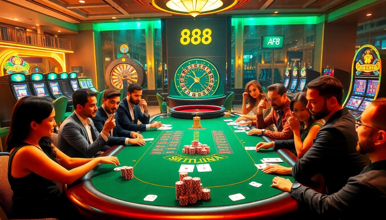 AF88 casino scene featuring enthusiastic gamblers playing blackjack at a vibrant table with colorful chips.