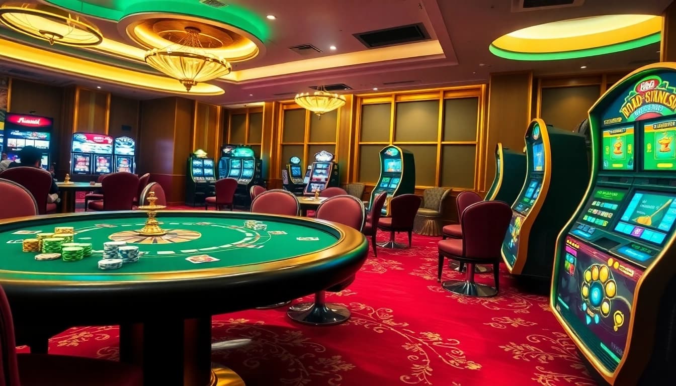 Engaging merchants thrilling players at the ok88 casino, featuring poker chips and roulette.