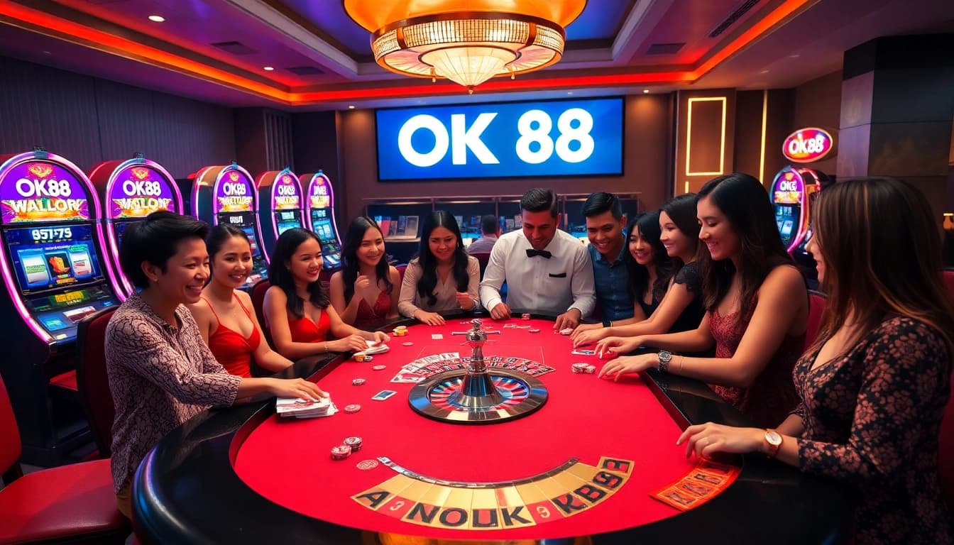 Experience the thrill of gambling at OK88 with vibrant poker tables and diverse players.
