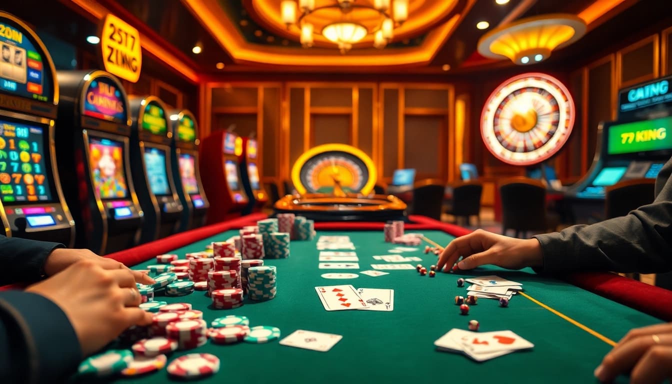 Players enjoying a thrilling gaming experience at a luxurious 79king casino table, surrounded by poker chips and slot machines.