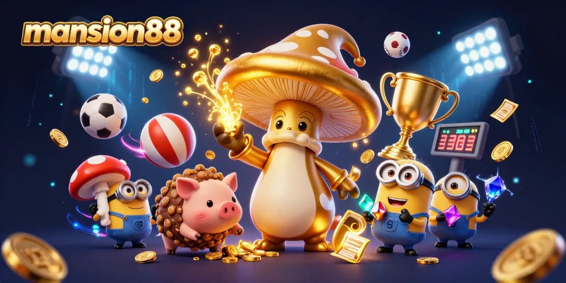 Experience the excitement of casino gaming with mansion88 featuring a wizard transforming elements into gold amid dynamic sports imagery.