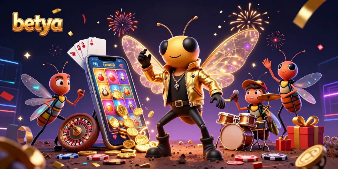 Experience the excitement of betya with a vibrant 3D scene showcasing a rock star cicada and casino elements.