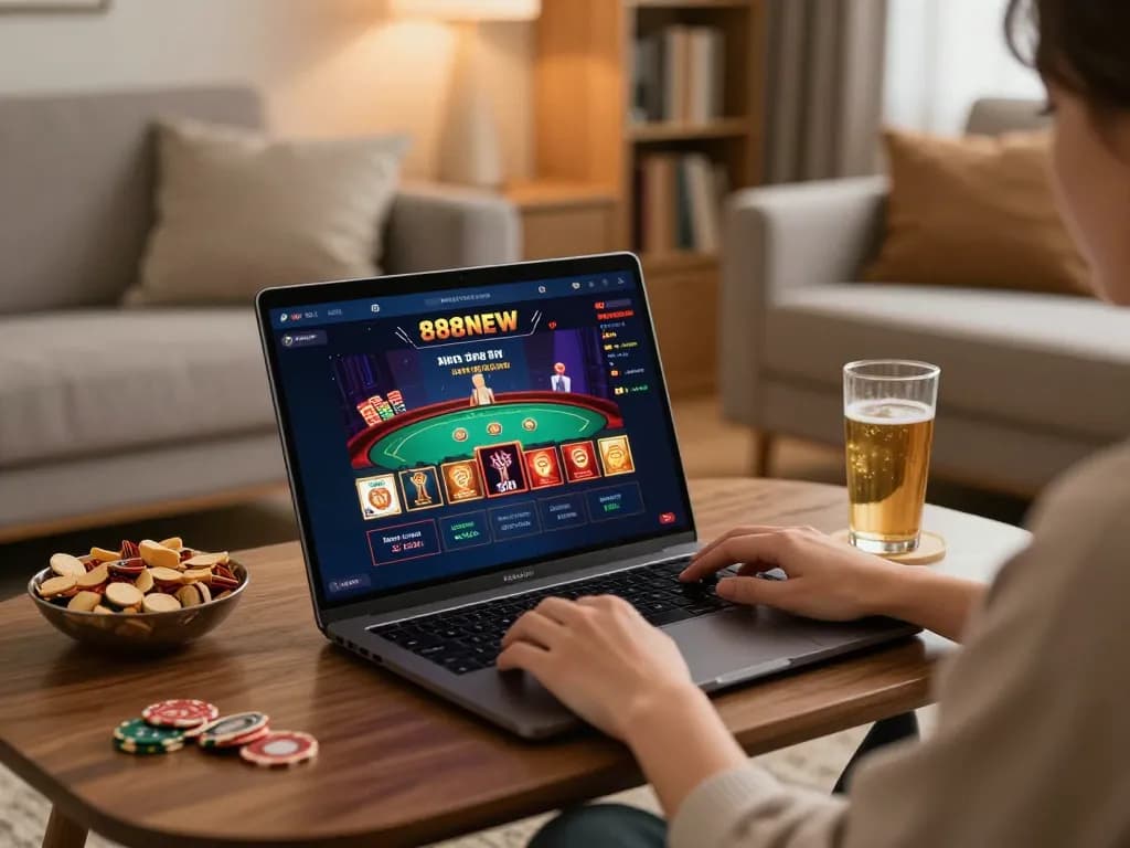 Playing engaging 888NEW casino games in a cozy home setting, showcasing responsible gaming.