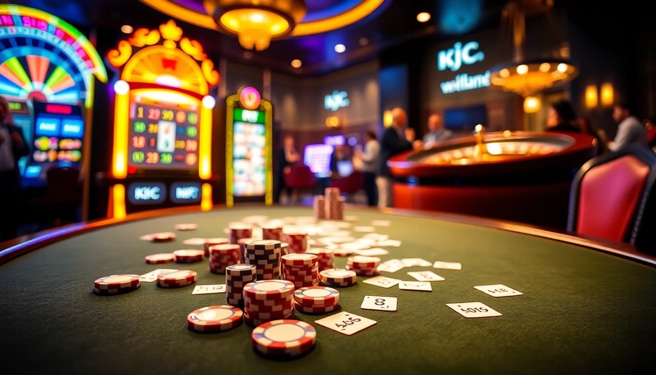 KJC players enjoying high-stakes poker at a luxurious casino table with vibrant slot machines.