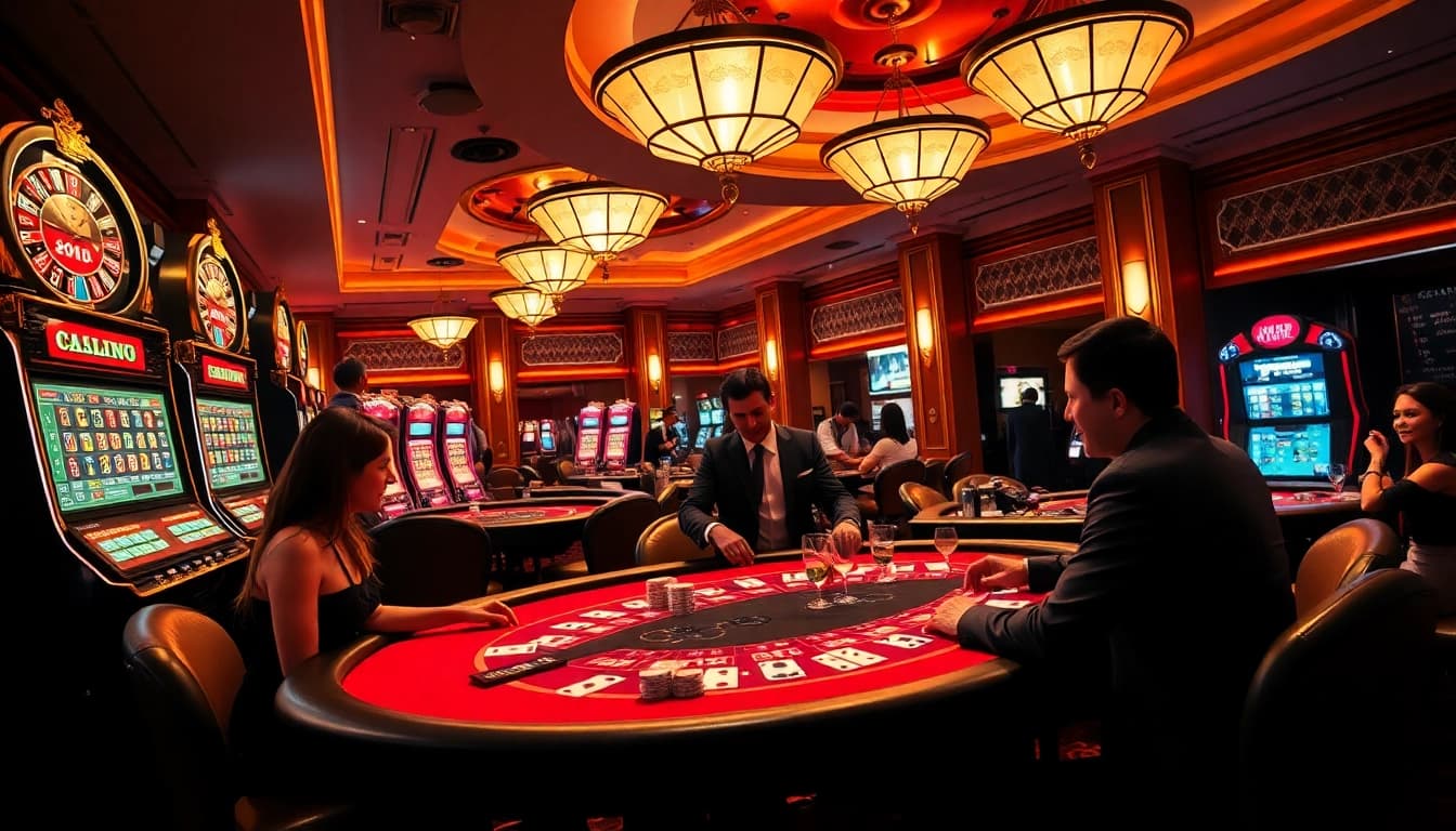 Experience the excitement of gambling at https://new88c.co/ with players engaged at poker tables in a vibrant casino atmosphere.