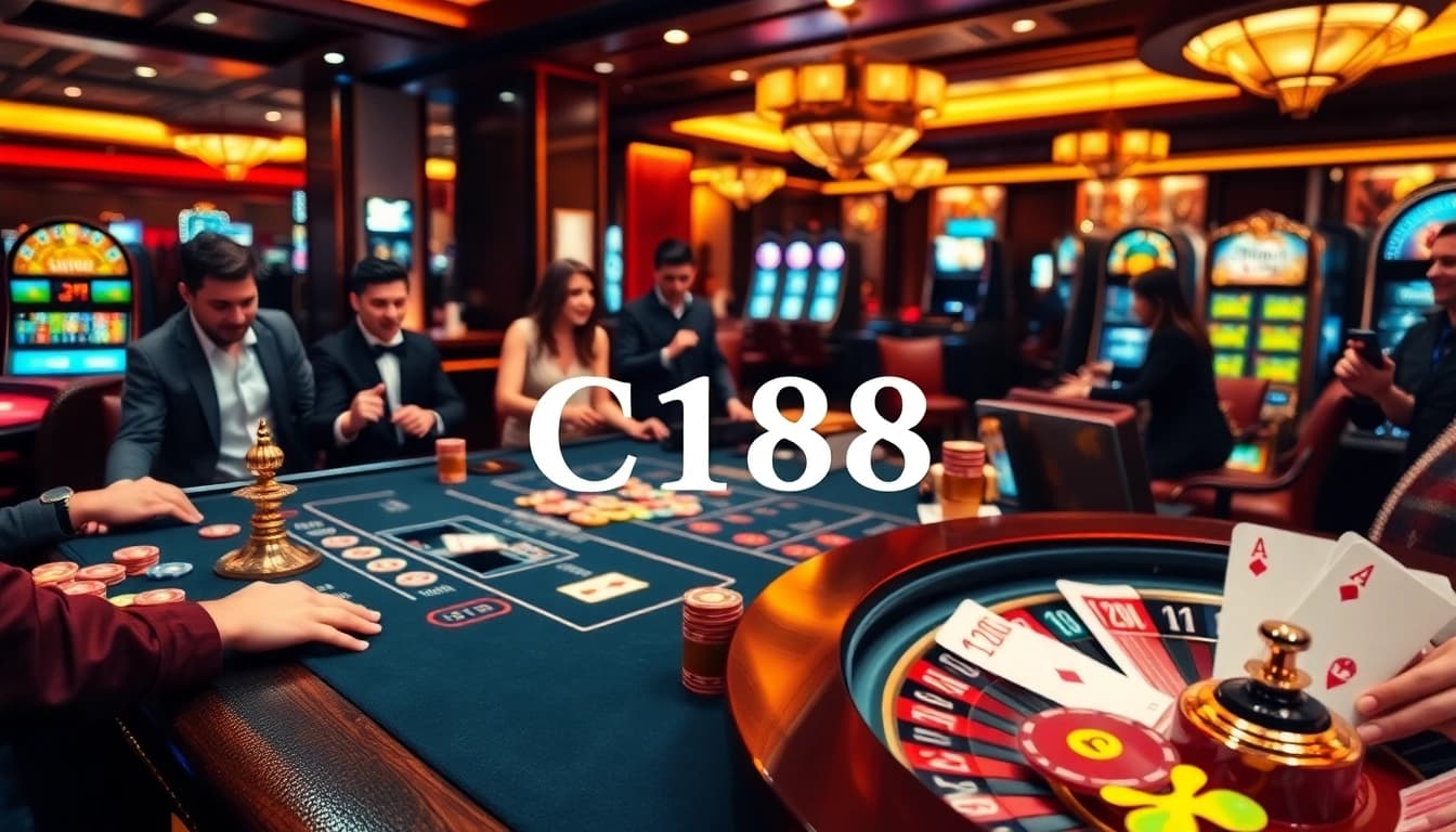 C168 casino scene featuring vibrant roulette, poker table, and excited players enjoying their gaming experience