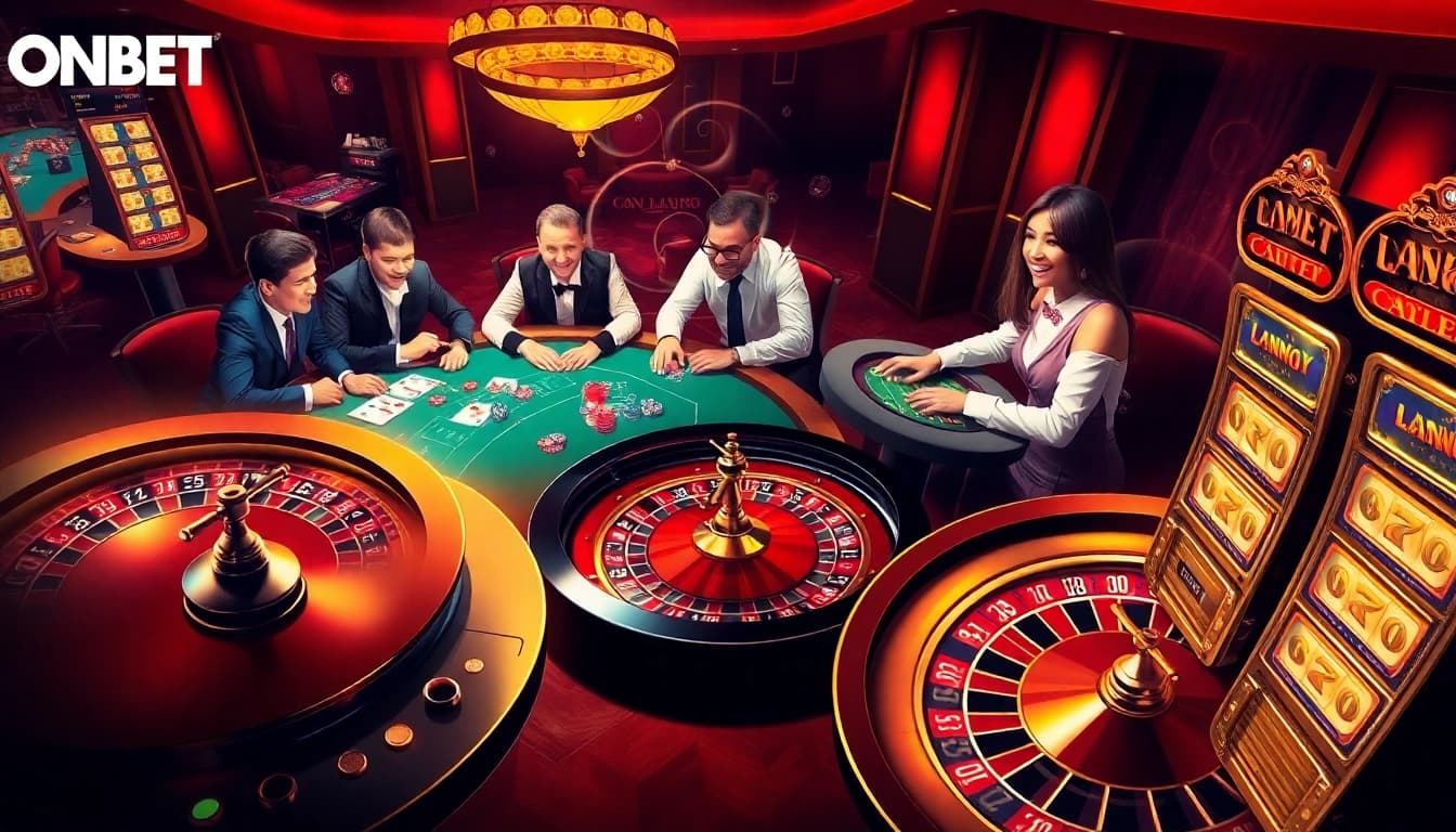 Players enjoy diverse games at ONBET's luxurious casino featuring poker, roulette, and slot machines.