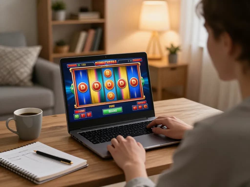 Engaged player enjoying slots gameplay on 7hh online casino from a cozy home setting