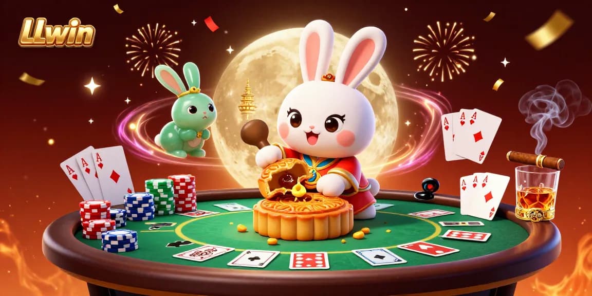 LLwin attracts players with a captivating scene showcasing a moon rabbit in a casino setting, featuring poker chips and vibrant celebrations.