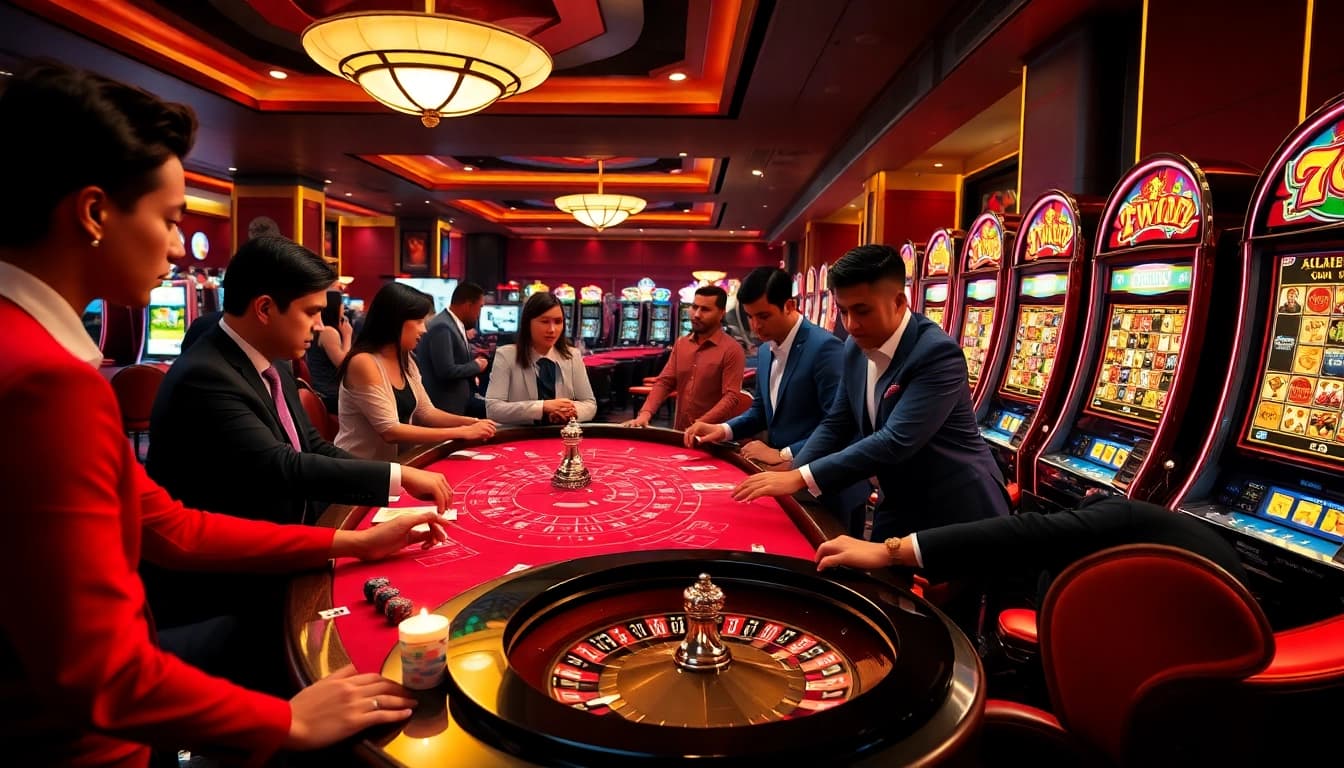iwin players enjoying an exciting game at a luxurious casino table with vibrant lights.