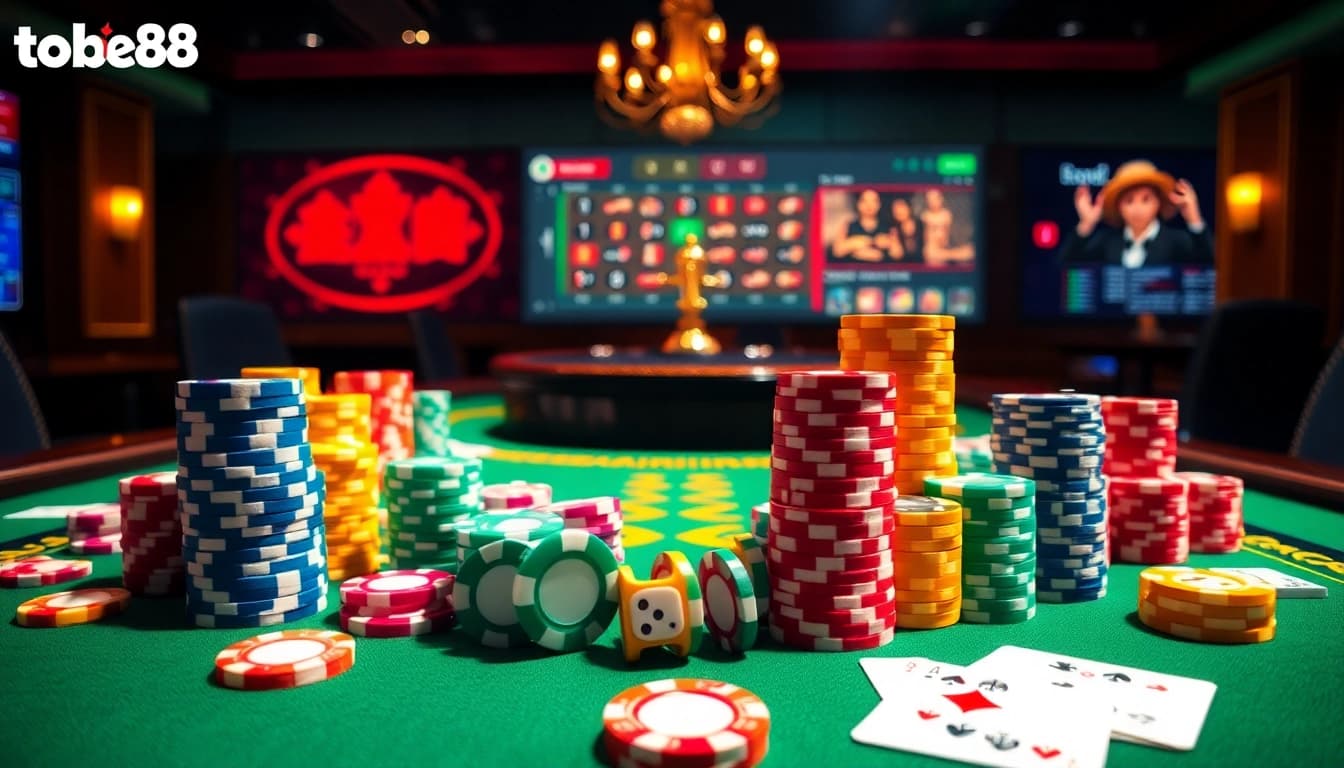 Experience the excitement of betting at tobet88 with an elegant casino scene showcasing vibrant poker chips and roulette.